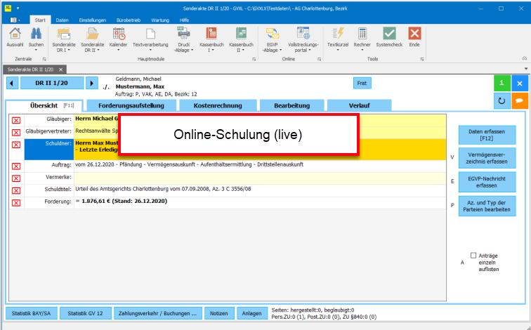 Bildschirm der Software GVXL während einer Online-Schulung
